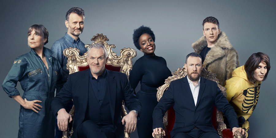 Taskmaster. Image shows from L to R: Mel Giedroyc, Hugh Dennis, Greg Davies, Lolly Adefope, Alex Horne, Joe Lycett, Noel Fielding. Copyright: Avalon Television. Taskmaster. Image shows from L to R: Mel Giedroyc, Hugh Dennis, Greg Davies, Lolly Adefope, Alex Horne, Joe Lycett, Noel Fielding. Copyright: Avalon Television.
