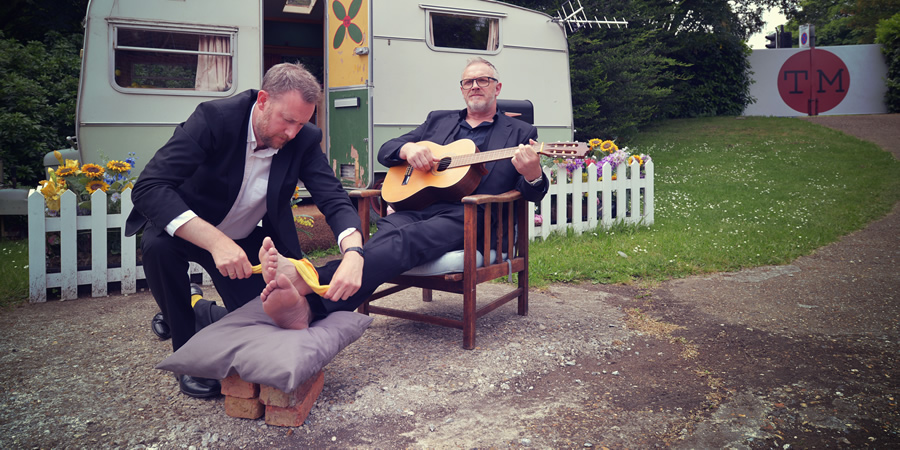 Taskmaster. Image shows from L to R: Alex Horne, Greg Davies. Copyright: Avalon Television. Taskmaster. Image shows from L to R: Alex Horne, Greg Davies. Copyright: Avalon Television.