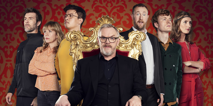 Taskmaster. Image shows from L to R: Rhod Gilbert, Kerry Godliman, Phil Wang, Greg Davies, Alex Horne, James Acaster, Jessica Knappett. Copyright: Avalon Television. Taskmaster. Image shows from L to R: Rhod Gilbert, Kerry Godliman, Phil Wang, Greg Davies, Alex Horne, James Acaster, Jessica Knappett. Copyright: Avalon Television.