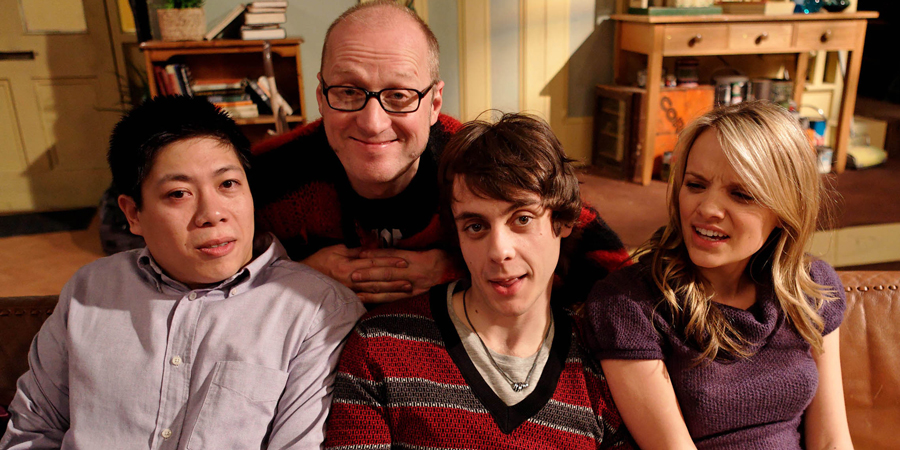 Teenage Kicks. Image shows from L to R: David (Jonathan Chan-Pensley), Vernon (Adrian Edmondson), Max (Ed Coleman), Milly (Laura Aikman). Copyright: Phil McIntyre Entertainment. Teenage Kicks. Image shows from L to R: David (Jonathan Chan-Pensley), Vernon (Adrian Edmondson), Max (Ed Coleman), Milly (Laura Aikman). Copyright: Phil McIntyre Entertainment.