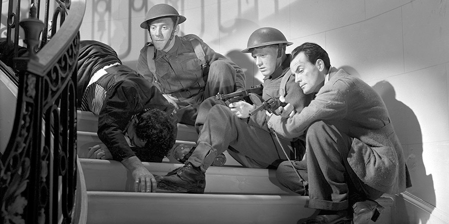 The Foreman Went To France. Image shows from L to R: Tommy Hoskins (Tommy Trinder), Alastair 'Jock' MacFarlane (Gordon Jackson), Fred Garrick (Clifford Evans). Copyright: Ealing Studios / STUDIOCANAL. The Foreman Went To France. Image shows from L to R: Tommy Hoskins (Tommy Trinder), Alastair 'Jock' MacFarlane (Gordon Jackson), Fred Garrick (Clifford Evans). Copyright: Ealing Studios / STUDIOCANAL.