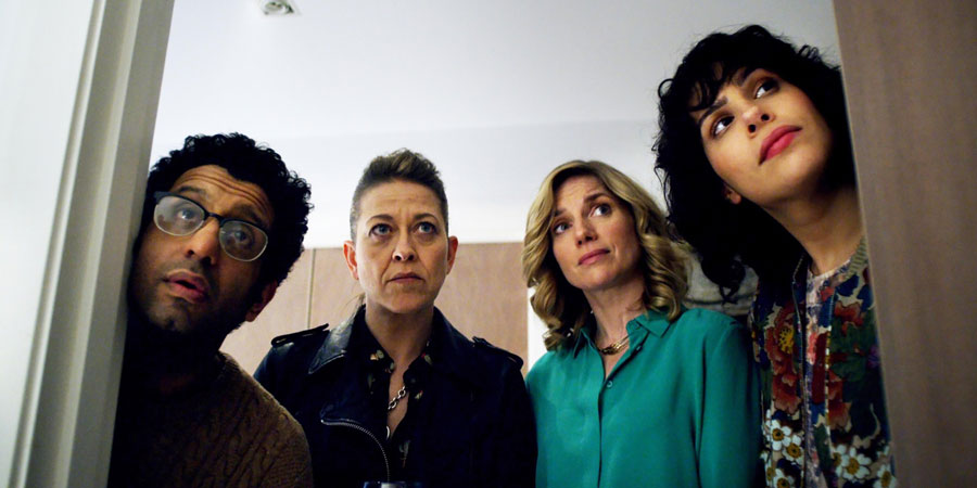 The Circuit. Image shows from L to R: Gabe (Adeel Akhtar), Marty (Nicola Walker), Nat (Eva Birthistle), Angie (Desiree Akhavan). Copyright: Merman. The Circuit. Image shows from L to R: Gabe (Adeel Akhtar), Marty (Nicola Walker), Nat (Eva Birthistle), Angie (Desiree Akhavan). Copyright: Merman.