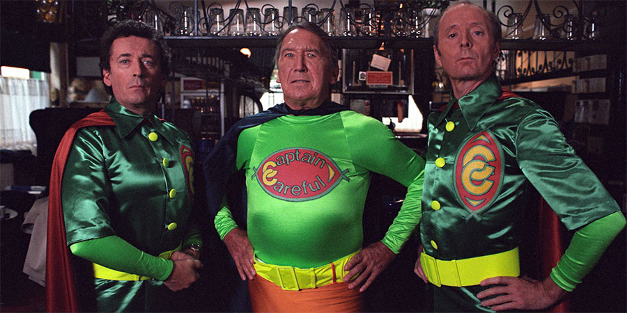 The Detectives. Image shows from L to R: Dave Briggs (Robert Powell), Superintendent Cottam (George Sewell), Bob Louis (Jasper Carrott). Copyright: Celador Productions. The Detectives. Image shows from L to R: Dave Briggs (Robert Powell), Superintendent Cottam (George Sewell), Bob Louis (Jasper Carrott). Copyright: Celador Productions.
