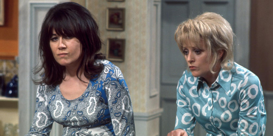 The Liver Birds. Image shows from L to R: Sandra Hutchinson (Nerys Hughes), Beryl Hennessey (Polly James). Copyright: BBC. The Liver Birds. Image shows from L to R: Sandra Hutchinson (Nerys Hughes), Beryl Hennessey (Polly James). Copyright: BBC.