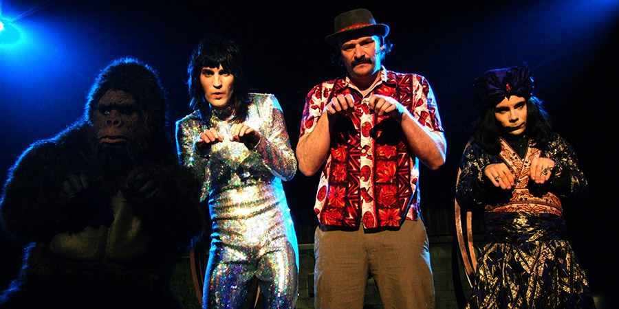 The Mighty Boosh. Image shows from L to R: Bollo (Dave Brown), Vince Noir (Noel Fielding), Howard Moon (Julian Barratt), Naboo (Michael Fielding). Copyright: Baby Cow Productions. The Mighty Boosh. Image shows from L to R: Bollo (Dave Brown), Vince Noir (Noel Fielding), Howard Moon (Julian Barratt), Naboo (Michael Fielding). Copyright: Baby Cow Productions.