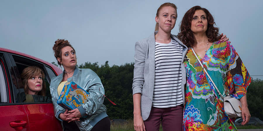 The Other One. Image shows from L to R: Marilyn (Siobhan Finneran), Cat (Lauren Socha), Cathy (Ellie White), Tess (Rebecca Front). Copyright: Tiger Aspect Productions. The Other One. Image shows from L to R: Marilyn (Siobhan Finneran), Cat (Lauren Socha), Cathy (Ellie White), Tess (Rebecca Front). Copyright: Tiger Aspect Productions.
