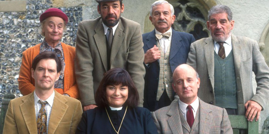 The Vicar Of Dibley. Image shows from L to R: Hugo Horton (James Fleet), Letitia Cropley (Liz Smith), Owen Newitt (Roger Lloyd-Pack), Geraldine Grainger (Dawn French), Frank Pickle (John Bluthal), David Horton (Gary Waldhorn), Jim Trott (Trevor Peacock). Copyright: Tiger Aspect Productions. The Vicar Of Dibley. Image shows from L to R: Hugo Horton (James Fleet), Letitia Cropley (Liz Smith), Owen Newitt (Roger Lloyd-Pack), Geraldine Grainger (Dawn French), Frank Pickle (John Bluthal), David Horton (Gary Waldhorn), Jim Trott (Trevor Peacock). Copyright: Tiger Aspect Productions.