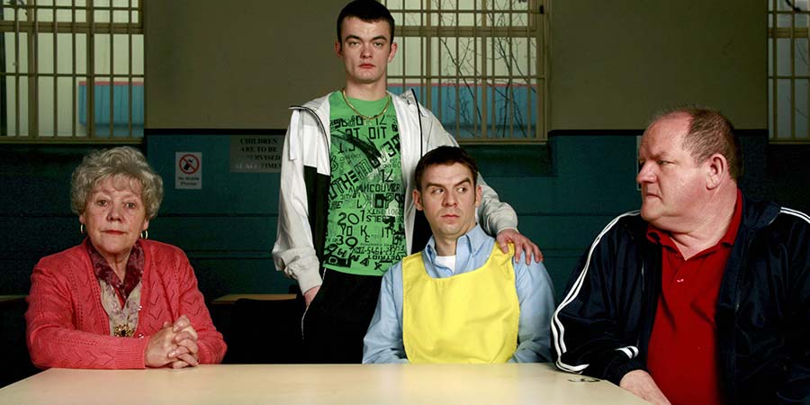 The Visit. Image shows from L to R: Nana (Beatrice Kelley), Stevie (Craig Fitzpatrick), Michael (Iain McKee), Brian (John Henshaw). Copyright: BBC. The Visit. Image shows from L to R: Nana (Beatrice Kelley), Stevie (Craig Fitzpatrick), Michael (Iain McKee), Brian (John Henshaw). Copyright: BBC.
