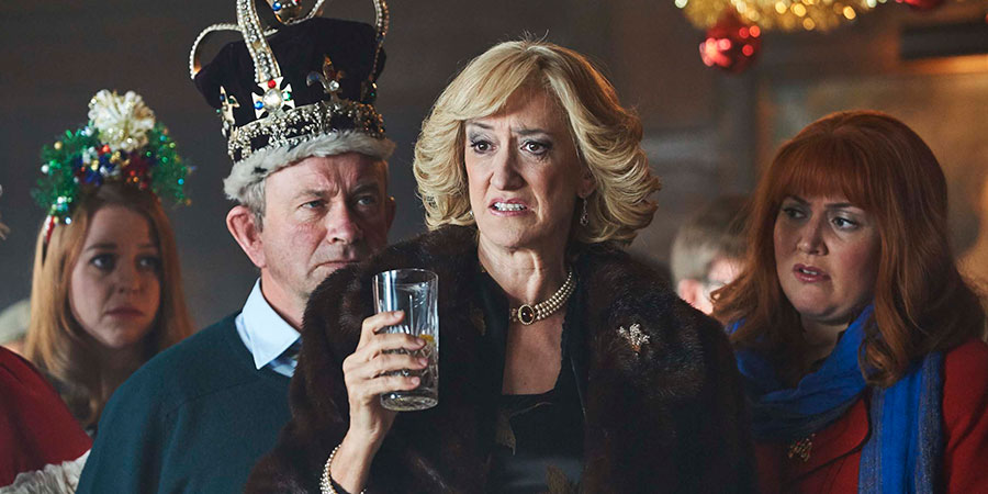 The Windsors. Image shows from L to R: Beatrice (Ellie White), Charles (Harry Enfield), Camilla (Haydn Gwynne), Fergie (Katy Wix). Copyright: Noho Film and TV. The Windsors. Image shows from L to R: Beatrice (Ellie White), Charles (Harry Enfield), Camilla (Haydn Gwynne), Fergie (Katy Wix). Copyright: Noho Film and TV.