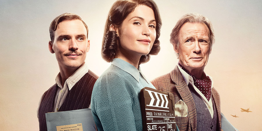 Their Finest. Image shows from L to R: Tom Buckley (Sam Claflin), Catrin Cole (Gemma Arterton), Ambrose Hilliard/Uncle Frank (Bill Nighy). Copyright: Lions Gate. Their Finest. Image shows from L to R: Tom Buckley (Sam Claflin), Catrin Cole (Gemma Arterton), Ambrose Hilliard/Uncle Frank (Bill Nighy). Copyright: Lions Gate.