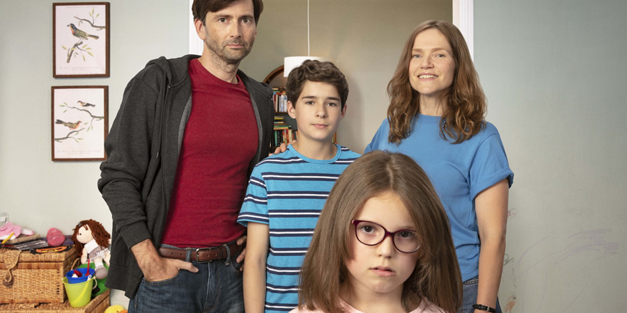 There She Goes. Image shows from L to R: Simon (David Tennant), Ben (Edan Hayhurst), Rosie (Miley Locke), Emily (Jessica Hynes). Copyright: Merman. There She Goes. Image shows from L to R: Simon (David Tennant), Ben (Edan Hayhurst), Rosie (Miley Locke), Emily (Jessica Hynes). Copyright: Merman.