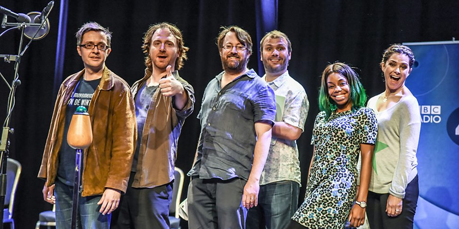 Time Spanner. Image shows from L to R: Robot (Jeremy Limb), Martin Gay (Simon Kane), Daniel Kraken (David Mitchell), Laika (John Finnemore), Gabbie (London Hughes), Angel (Belinda Stewart-Wilson). Copyright: BBC. Time Spanner. Image shows from L to R: Robot (Jeremy Limb), Martin Gay (Simon Kane), Daniel Kraken (David Mitchell), Laika (John Finnemore), Gabbie (London Hughes), Angel (Belinda Stewart-Wilson). Copyright: BBC.