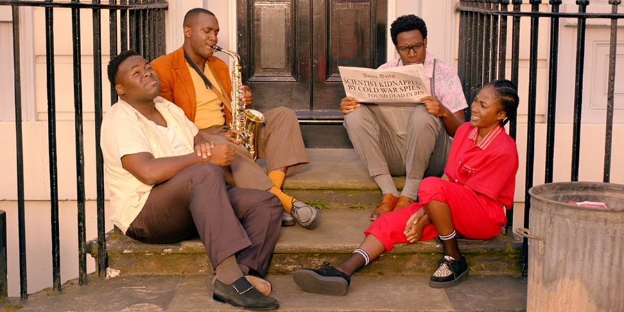 Timewasters. Image shows from L to R: Horace (Samson Kayo), Jason (Kadiff Kirwan), Nick (Daniel Lawrence Taylor), Lauren (Adelayo Adedayo). Copyright: Big Talk Productions. Timewasters. Image shows from L to R: Horace (Samson Kayo), Jason (Kadiff Kirwan), Nick (Daniel Lawrence Taylor), Lauren (Adelayo Adedayo). Copyright: Big Talk Productions.