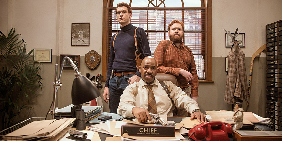 Top Coppers. Image shows from L to R: John Mahogany (Steen Raskopoulos), Chief (Donovan Blackwood), Mitch Rust (John Kearns). Copyright: Roughcut Television. Top Coppers. Image shows from L to R: John Mahogany (Steen Raskopoulos), Chief (Donovan Blackwood), Mitch Rust (John Kearns). Copyright: Roughcut Television.