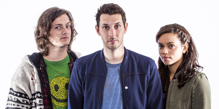 Tripped. Image shows from L to R: Milo Edwards (George Webster), Danny Gates (Blake Harrison), Kate (Georgina Campbell). Copyright: Mammoth Screen / Two Brothers Pictures. Tripped. Image shows from L to R: Milo Edwards (George Webster), Danny Gates (Blake Harrison), Kate (Georgina Campbell). Copyright: Mammoth Screen / Two Brothers Pictures.