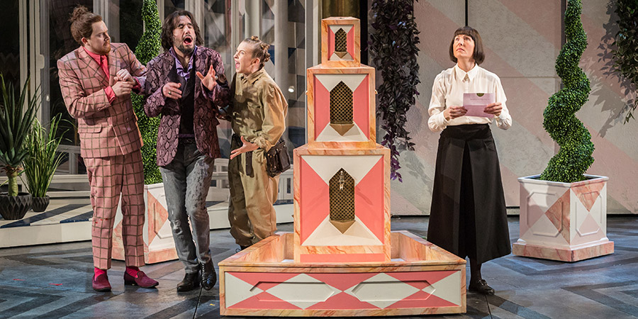 Twelfth Night. Image shows from L to R: Sir Andrew Aguecheek (Daniel Rigby), Sir Toby Belch (Tim McMullan), Fabia (Imogen Doel), Malvolia (Tamsin Greig). Twelfth Night. Image shows from L to R: Sir Andrew Aguecheek (Daniel Rigby), Sir Toby Belch (Tim McMullan), Fabia (Imogen Doel), Malvolia (Tamsin Greig).