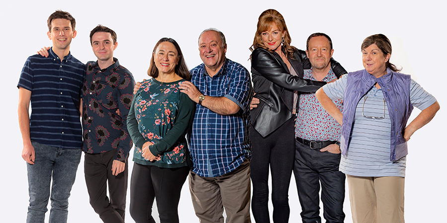 Two Doors Down. Image shows from L to R: Gordon (Kieran Hodgson), Ian (Jamie Quinn), Beth (Arabella Weir), Eric (Alex Norton), Cathy (Doon Mackichan), Colin (Jonathan Watson), Christine (Elaine C. Smith). Two Doors Down. Image shows from L to R: Gordon (Kieran Hodgson), Ian (Jamie Quinn), Beth (Arabella Weir), Eric (Alex Norton), Cathy (Doon Mackichan), Colin (Jonathan Watson), Christine (Elaine C. Smith).