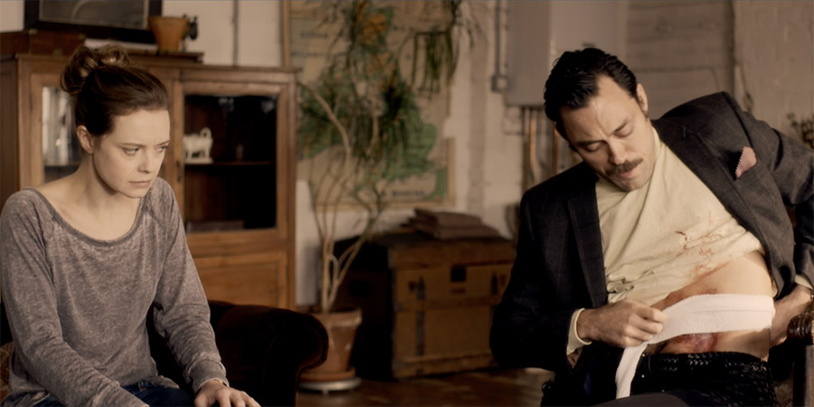 Two Down. Image shows from L to R: Rhona (Emma King), Mr. Thomas (Alex Hassell). Two Down. Image shows from L to R: Rhona (Emma King), Mr. Thomas (Alex Hassell).