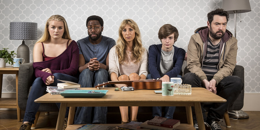 Uncle. Image shows from L to R: Tiffany (Jorja Rutherford), Bruce (Daniel Lawrence Taylor), Sam (Daisy Haggard), Errol (Elliot Speller-Gillott), Andy (Nick Helm). Copyright: Baby Cow Productions. Uncle. Image shows from L to R: Tiffany (Jorja Rutherford), Bruce (Daniel Lawrence Taylor), Sam (Daisy Haggard), Errol (Elliot Speller-Gillott), Andy (Nick Helm). Copyright: Baby Cow Productions.