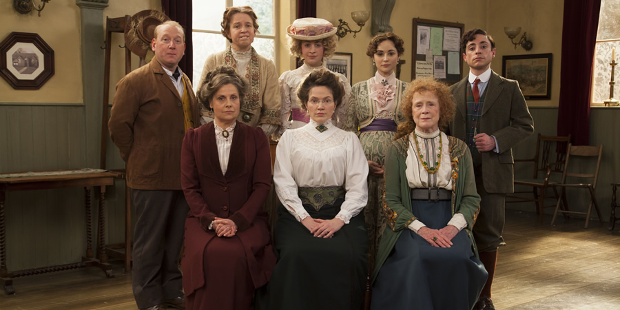 Up The Women. Image shows from L to R: Frank (Adrian Scarborough), Helen (Rebecca Front), Gwen (Vicki Pepperdine), Emily (Georgia Groome), Margaret (Jessica Hynes), Eva (Emma Pierson), Myrtle (Judy Parfitt), Thomas (Ryan Sampson). Up The Women. Image shows from L to R: Frank (Adrian Scarborough), Helen (Rebecca Front), Gwen (Vicki Pepperdine), Emily (Georgia Groome), Margaret (Jessica Hynes), Eva (Emma Pierson), Myrtle (Judy Parfitt), Thomas (Ryan Sampson).