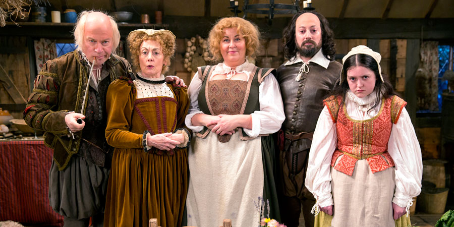 Upstart Crow. Image shows from L to R: John Shakespeare (Harry Enfield), Mary Arden (Paula Wilcox), Anne Hathaway (Liza Tarbuck), Will Shakespeare (David Mitchell), Susanna (Helen Monks). Copyright: BBC. Upstart Crow. Image shows from L to R: John Shakespeare (Harry Enfield), Mary Arden (Paula Wilcox), Anne Hathaway (Liza Tarbuck), Will Shakespeare (David Mitchell), Susanna (Helen Monks). Copyright: BBC.