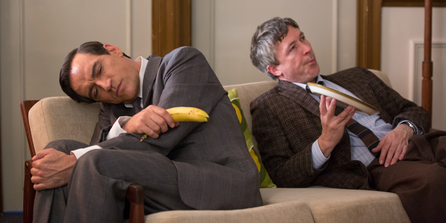 Urban Myths: When Cary Grant Introduced Timothy Leary To LSD. Image shows from L to R: Cary Grant (Ben Chaplin), Timothy Leary (Aidan Gillen). Urban Myths: When Cary Grant Introduced Timothy Leary To LSD. Image shows from L to R: Cary Grant (Ben Chaplin), Timothy Leary (Aidan Gillen).