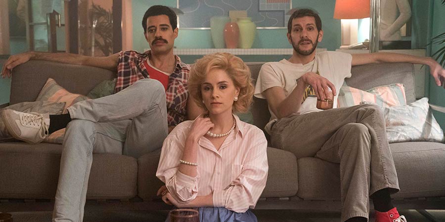 Urban Myths: Princess Diana, Freddie Mercury And Kenny Everett. Image shows from L to R: Freddie Mercury (David Avery), Princess Diana (Sophie Rundle), Kenny Everett (Mathew Baynton). Urban Myths: Princess Diana, Freddie Mercury And Kenny Everett. Image shows from L to R: Freddie Mercury (David Avery), Princess Diana (Sophie Rundle), Kenny Everett (Mathew Baynton).