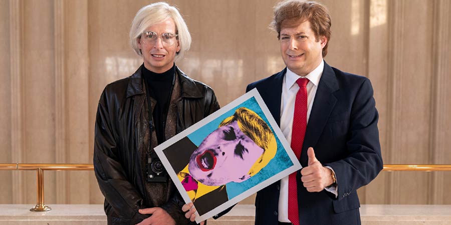 Urban Myths: Andy & The Donald. Image shows from L to R: Andy Warhol (Jack McBrayer), Donald Trump (Anthony Atamanuik). Copyright: Merman. Urban Myths: Andy & The Donald. Image shows from L to R: Andy Warhol (Jack McBrayer), Donald Trump (Anthony Atamanuik). Copyright: Merman.