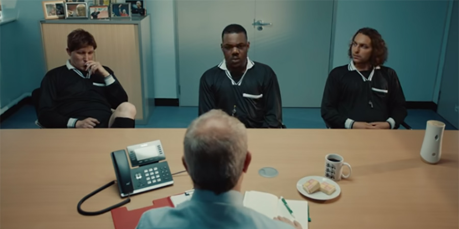 The VAR Room. Image shows from L to R: Martin (Mark Davison), Andre (Tendayi Jembere), Gary (Ashley Margolis). The VAR Room. Image shows from L to R: Martin (Mark Davison), Andre (Tendayi Jembere), Gary (Ashley Margolis).