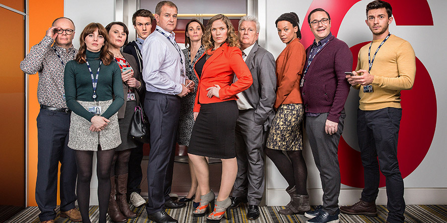 W1A. Image shows from L to R: Simon Harwood (Jason Watkins), Izzy Gould (Ophelia Lovibond), Tracey Pritchard (Monica Dolan), Will Humphries (Hugh Skinner), Ian Fletcher (Hugh Bonneville), Anna Rampton (Sarah Parish), Siobhan Sharpe (Jessica Hynes), Neil Reid (David Westhead), Lucy Freeman (Nina Sosanya), David Wilkes (Rufus Jones), Jack Patterson (Jonathan Bailey). Copyright: BBC. W1A. Image shows from L to R: Simon Harwood (Jason Watkins), Izzy Gould (Ophelia Lovibond), Tracey Pritchard (Monica Dolan), Will Humphries (Hugh Skinner), Ian Fletcher (Hugh Bonneville), Anna Rampton (Sarah Parish), Siobhan Sharpe (Jessica Hynes), Neil Reid (David Westhead), Lucy Freeman (Nina Sosanya), David Wilkes (Rufus Jones), Jack Patterson (Jonathan Bailey). Copyright: BBC.