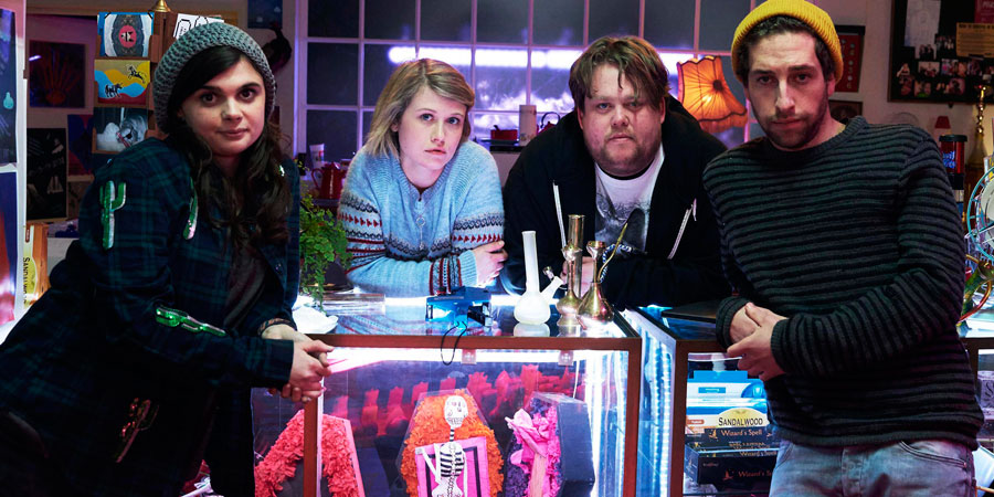 Wasted. Image shows from L to R: Alison (Gwyneth Keyworth), Sarah Durkin (Rose Reynolds), Paul 'Morpheus' Durkin (Danny Kirrane), Kent (Dylan Edwards). Wasted. Image shows from L to R: Alison (Gwyneth Keyworth), Sarah Durkin (Rose Reynolds), Paul 'Morpheus' Durkin (Danny Kirrane), Kent (Dylan Edwards).
