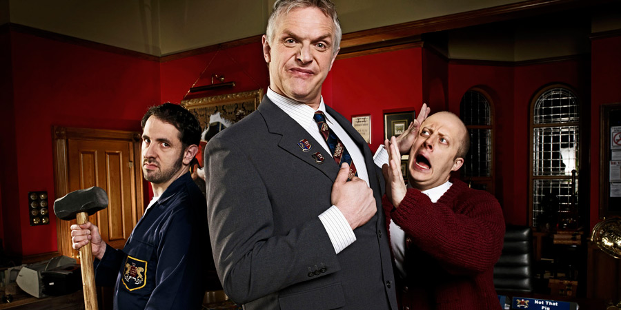 We Are Klang. Image shows from L to R: Councillor Steve (Steve Hall), Council-Leader Greg (Greg Davies), Councillor Marek (Marek Larwood). Copyright: BBC. We Are Klang. Image shows from L to R: Councillor Steve (Steve Hall), Council-Leader Greg (Greg Davies), Councillor Marek (Marek Larwood). Copyright: BBC.