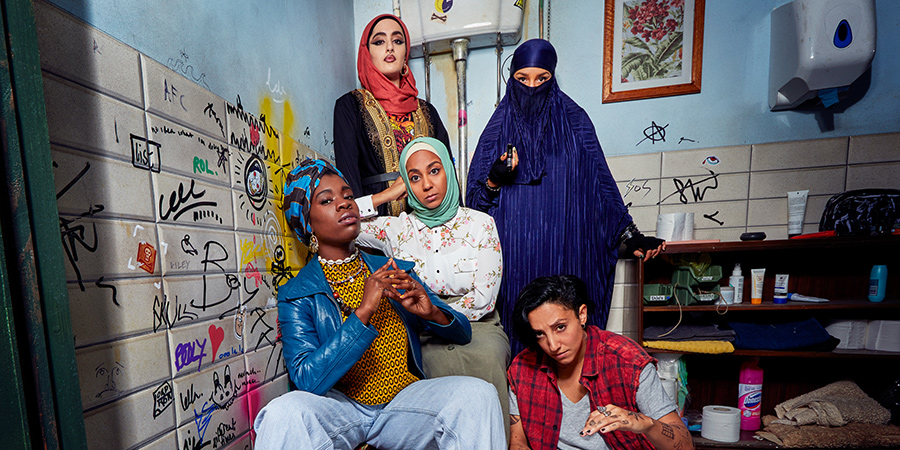 We Are Lady Parts. Image shows from L to R: Bisma (Faith Omole), Ayesha (Juliette Motamed), Amina (Anjana Vasan), Momtaz (Lucie Shorthouse), Saira (Sarah Kameela Impey). Copyright: Working Title Films. We Are Lady Parts. Image shows from L to R: Bisma (Faith Omole), Ayesha (Juliette Motamed), Amina (Anjana Vasan), Momtaz (Lucie Shorthouse), Saira (Sarah Kameela Impey). Copyright: Working Title Films.