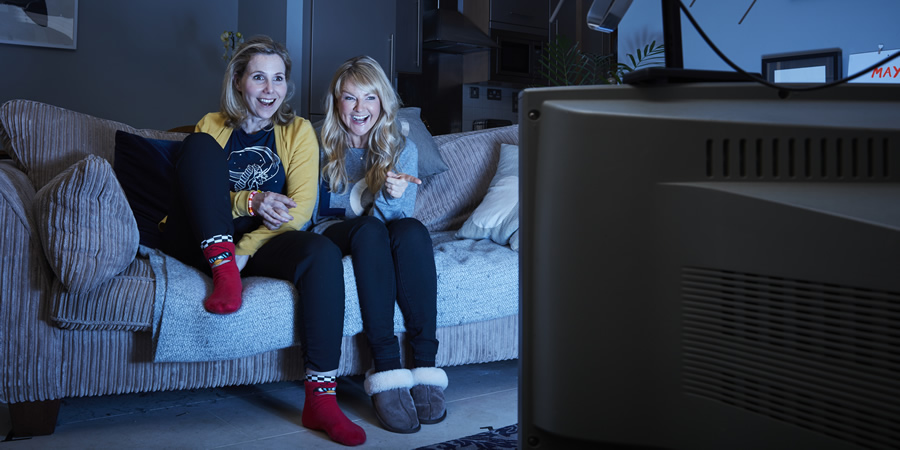 We Have Been Watching. Image shows from L to R: Sally Phillips, Sarah Hadland. Copyright: Crook Productions. We Have Been Watching. Image shows from L to R: Sally Phillips, Sarah Hadland. Copyright: Crook Productions.