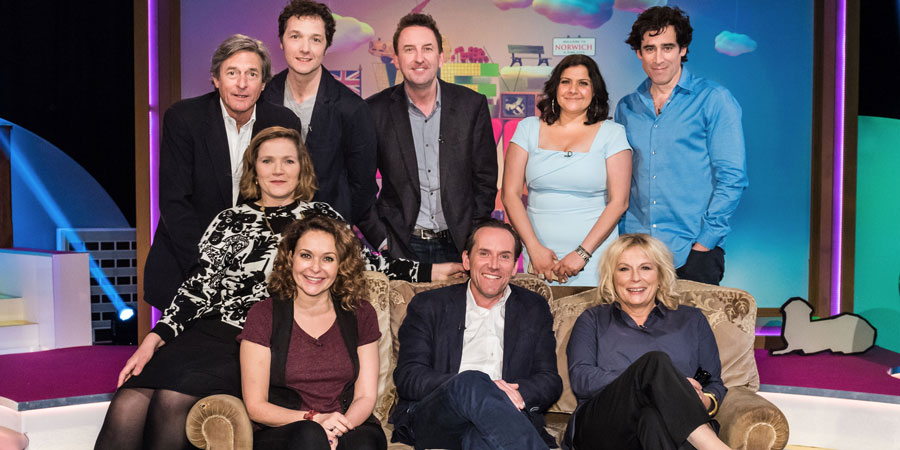 We Love Sitcom. Image shows from L to R: Nigel Havers, Jessica Hynes, Chris Addison, Julia Sawalha, Lee Mack, Ben Miller, Nina Wadia, Jennifer Saunders, Stephen Mangan. Copyright: Phil McIntyre Entertainment. We Love Sitcom. Image shows from L to R: Nigel Havers, Jessica Hynes, Chris Addison, Julia Sawalha, Lee Mack, Ben Miller, Nina Wadia, Jennifer Saunders, Stephen Mangan. Copyright: Phil McIntyre Entertainment.