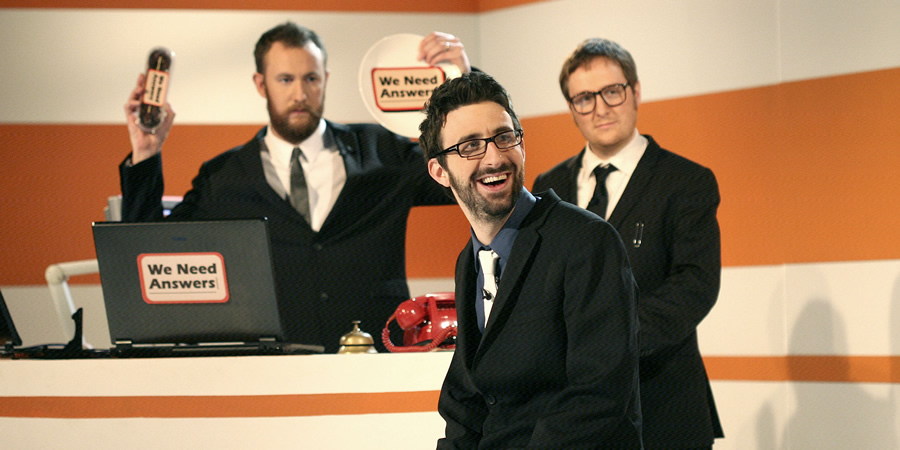 We Need Answers. Image shows from L to R: Alex Horne, Mark Watson, Tim Key. Copyright: BBC. We Need Answers. Image shows from L to R: Alex Horne, Mark Watson, Tim Key. Copyright: BBC.