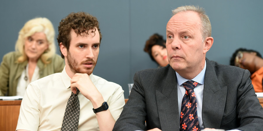 We The Jury. Image shows from L to R: Jen 1 (Sophie Thompson), William (Edward Easton), Mr Martin (David Schaal). Copyright: Big Talk Productions. We The Jury. Image shows from L to R: Jen 1 (Sophie Thompson), William (Edward Easton), Mr Martin (David Schaal). Copyright: Big Talk Productions.