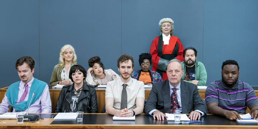 We The Jury. Image shows from L to R: Lucas (Oliver Maltman), Jen 1 (Sophie Thompson), Olivia (Diane Morgan), Sam (Kae Alexander), William (Edward Easton), Wolf (Vivienne Acheampong), Judge Henman (Maggie Steed), Mr Martin (David Schaal), Hugh (Kenneth Collard), Don (Samson Kayo). Copyright: Big Talk Productions. We The Jury. Image shows from L to R: Lucas (Oliver Maltman), Jen 1 (Sophie Thompson), Olivia (Diane Morgan), Sam (Kae Alexander), William (Edward Easton), Wolf (Vivienne Acheampong), Judge Henman (Maggie Steed), Mr Martin (David Schaal), Hugh (Kenneth Collard), Don (Samson Kayo). Copyright: Big Talk Productions.
