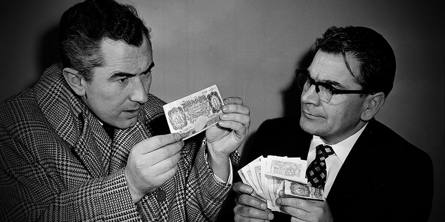 We're In Business. Image shows from L to R: Dudley Grosvenor (Peter Jones), Harry (Harry Worth). Copyright: BBC. We're In Business. Image shows from L to R: Dudley Grosvenor (Peter Jones), Harry (Harry Worth). Copyright: BBC.