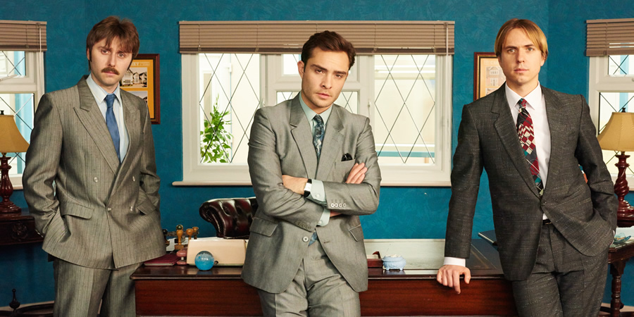 White Gold. Image shows from L to R: Brian Fitzpatrick (James Buckley), Vincent Swan (Ed Westwick), Martin Lavender (Joe Thomas). Copyright: Fudge Park. White Gold. Image shows from L to R: Brian Fitzpatrick (James Buckley), Vincent Swan (Ed Westwick), Martin Lavender (Joe Thomas). Copyright: Fudge Park.