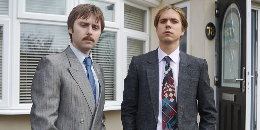 White Gold. Image shows from L to R: Brian Fitzpatrick (James Buckley), Martin Lavender (Joe Thomas). Copyright: Fudge Park. White Gold. Image shows from L to R: Brian Fitzpatrick (James Buckley), Martin Lavender (Joe Thomas). Copyright: Fudge Park.