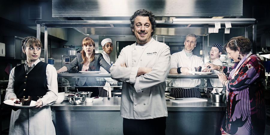 Whites. Image shows from L to R: Kiki (Isy Suttie), Caroline (Katherine Parkinson), Axel (Amit Shah), Roland White (Alan Davies), Bib Spears (Darren Boyd), Skoose (Stephen Wight), Celia (Maggie Steed). Copyright: BBC. Whites. Image shows from L to R: Kiki (Isy Suttie), Caroline (Katherine Parkinson), Axel (Amit Shah), Roland White (Alan Davies), Bib Spears (Darren Boyd), Skoose (Stephen Wight), Celia (Maggie Steed). Copyright: BBC.