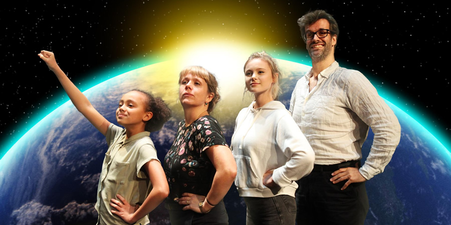 The Wilsons Save The World. Image shows from L to R: Lola (India Brown), Maxine (Kerry Godliman), Cat (Mia Jenkins), Mike (Marcus Brigstocke). Copyright: BBC. The Wilsons Save The World. Image shows from L to R: Lola (India Brown), Maxine (Kerry Godliman), Cat (Mia Jenkins), Mike (Marcus Brigstocke). Copyright: BBC.