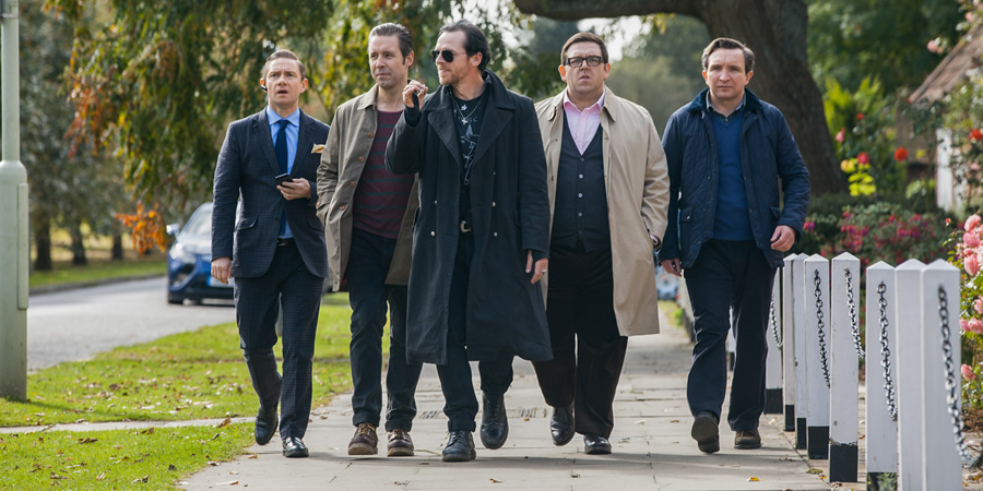The World's End. Image shows from L to R: Oliver (Martin Freeman), Steven (Paddy Considine), Gary King (Simon Pegg), Andy Knight (Nick Frost), Peter (Eddie Marsan). Copyright: STUDIOCANAL / Working Title Films. The World's End. Image shows from L to R: Oliver (Martin Freeman), Steven (Paddy Considine), Gary King (Simon Pegg), Andy Knight (Nick Frost), Peter (Eddie Marsan). Copyright: STUDIOCANAL / Working Title Films.