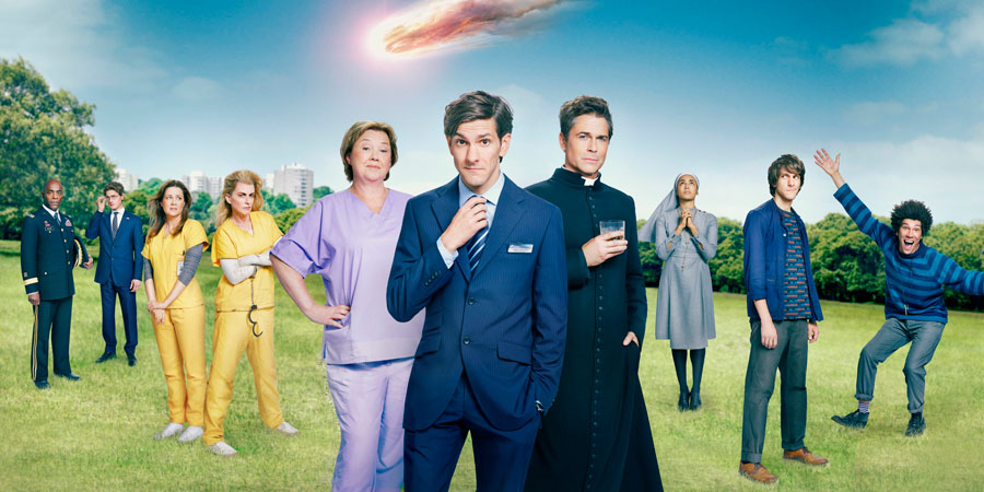 You, Me And The Apocalypse. Image shows from L to R: General Gaines (Paterson Joseph), Scotty (Kyle Soller), Rhonda (Jenna Fischer), Leanne (Megan Mullally), Paula (Pauline Quirke), Jamie (Mathew Baynton), Father Jude (Rob Lowe), Sister Celine (Gaia Scodellaro), Ariel (Mathew Baynton), Dave (Joel Fry). Copyright: Working Title Films / Bigballs Films. You, Me And The Apocalypse. Image shows from L to R: General Gaines (Paterson Joseph), Scotty (Kyle Soller), Rhonda (Jenna Fischer), Leanne (Megan Mullally), Paula (Pauline Quirke), Jamie (Mathew Baynton), Father Jude (Rob Lowe), Sister Celine (Gaia Scodellaro), Ariel (Mathew Baynton), Dave (Joel Fry). Copyright: Working Title Films / Bigballs Films.