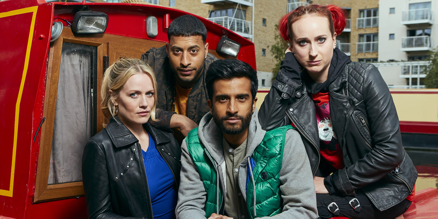 Zomboat!. Image shows from L to R: Jo (Cara Theobold), Amar (Ryan McKen), Sunny (Hamza Jeetooa), Kat (Leah Brotherhead). Copyright: Noho Film and TV. Zomboat!. Image shows from L to R: Jo (Cara Theobold), Amar (Ryan McKen), Sunny (Hamza Jeetooa), Kat (Leah Brotherhead). Copyright: Noho Film and TV.
