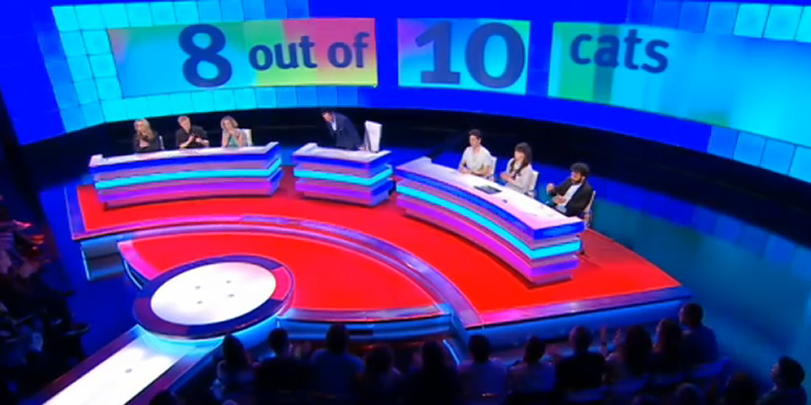8 Out Of 10 Cats. Image shows from L to R: Roisin Conaty, Rob Beckett, Cathy Newman, Jimmy Carr, Joey Essex, Aisling Bea, Nish Kumar. Copyright: Zeppotron. 8 Out Of 10 Cats. Image shows from L to R: Roisin Conaty, Rob Beckett, Cathy Newman, Jimmy Carr, Joey Essex, Aisling Bea, Nish Kumar. Copyright: Zeppotron.