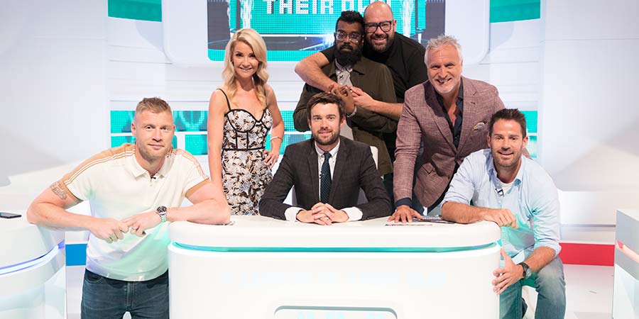 A League Of Their Own. Image shows from L to R: Andrew Flintoff, Helen Skelton, Jack Whitehall, Romesh Ranganathan, Tom Davis, David Ginola, Jamie Redknapp. Copyright: CPL Productions. A League Of Their Own. Image shows from L to R: Andrew Flintoff, Helen Skelton, Jack Whitehall, Romesh Ranganathan, Tom Davis, David Ginola, Jamie Redknapp. Copyright: CPL Productions.