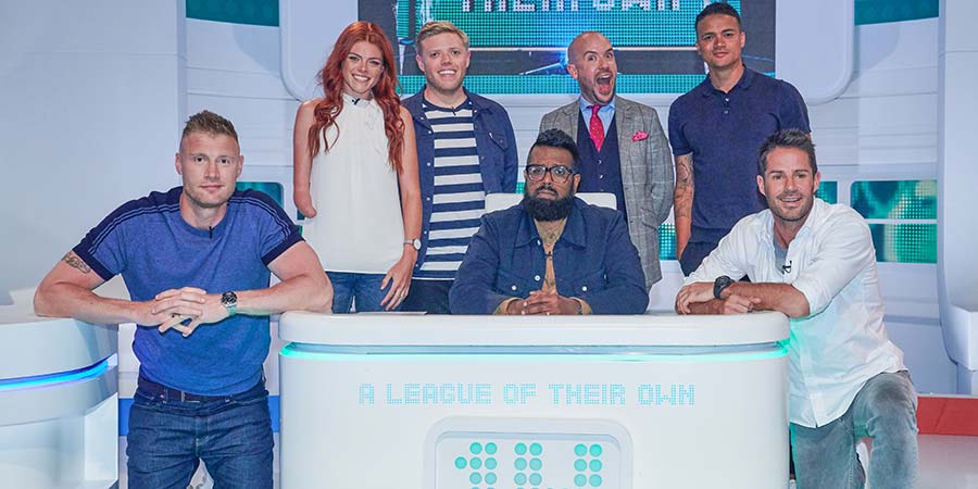 A League Of Their Own. Image shows from L to R: Andrew Flintoff, Lauren Steadman, Rob Beckett, Romesh Ranganathan, Tom Allen, Jermaine Jenas, Jamie Redknapp. Copyright: CPL Productions. A League Of Their Own. Image shows from L to R: Andrew Flintoff, Lauren Steadman, Rob Beckett, Romesh Ranganathan, Tom Allen, Jermaine Jenas, Jamie Redknapp. Copyright: CPL Productions.