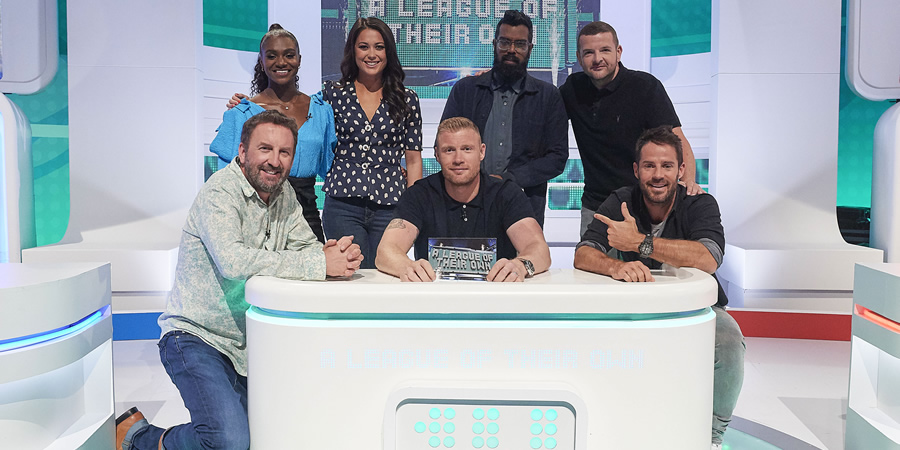 A League Of Their Own. Image shows from L to R: Lee Mack, Dina Asher Smith, Sam Quek, Andrew Flintoff, Romesh Ranganathan, Kevin Bridges, Jamie Redknapp. Copyright: CPL Productions. A League Of Their Own. Image shows from L to R: Lee Mack, Dina Asher Smith, Sam Quek, Andrew Flintoff, Romesh Ranganathan, Kevin Bridges, Jamie Redknapp. Copyright: CPL Productions.